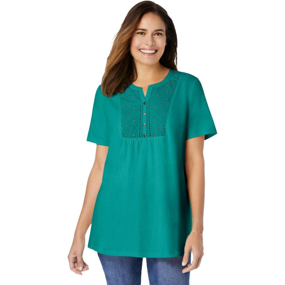 image:imageWoman Within Plus Size Eyelet Henley TeeWaterfall