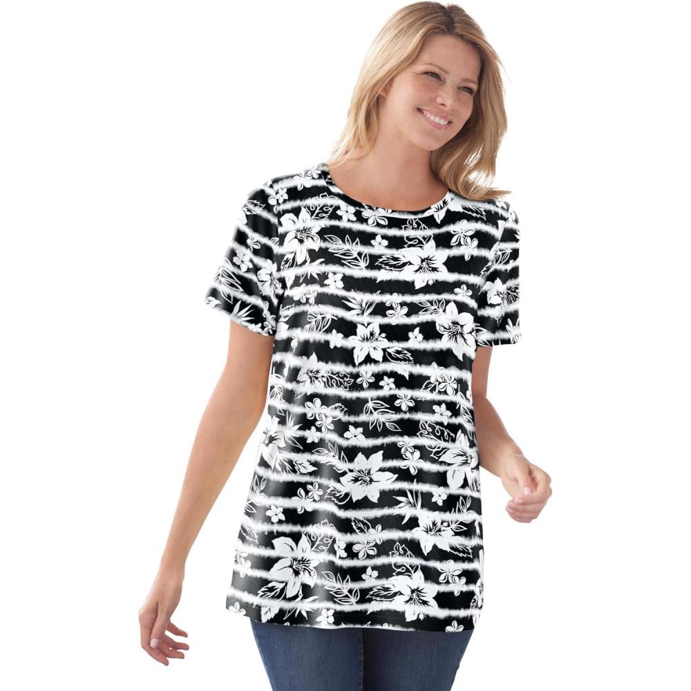 image:imageWoman Within Plus Size Perfect Printed ShortSleeve Crewneck TeeBlack Batik Hibiscus