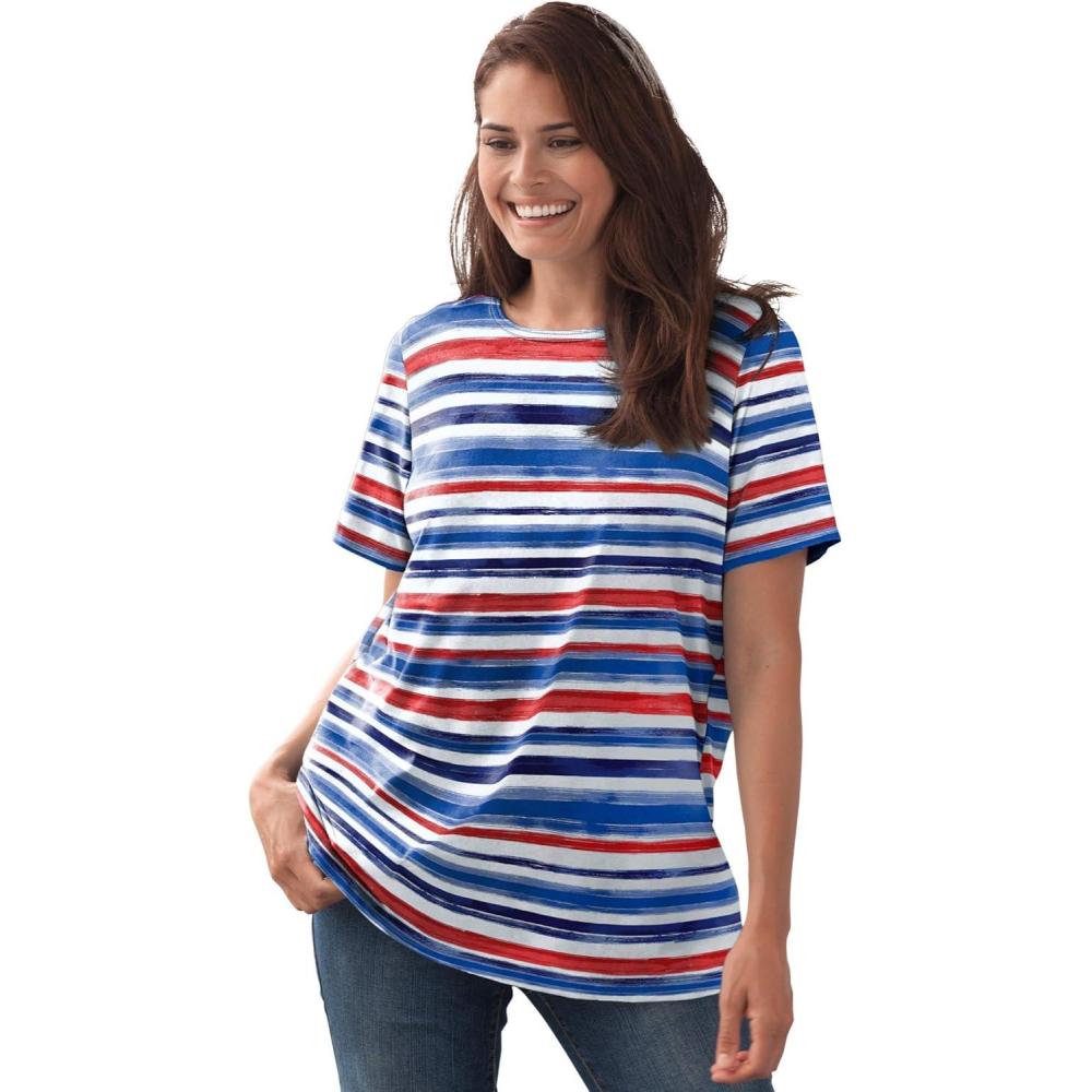 image:imageWoman Within Plus Size Perfect Printed ShortSleeve Crewneck TeeBright Cobalt Painterly Stripe
