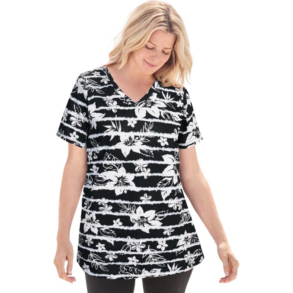 image:imageWoman Within Plus Size Perfect Printed ShortSleeve VNeck TeeBlack Batik Hibiscus
