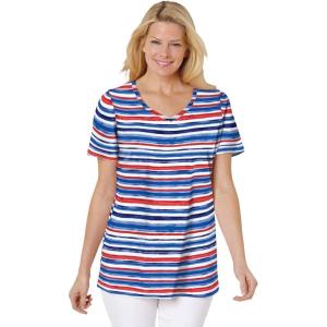 Woman Within Plus Size Perfect Printed Short-Sleeve V-Neck Tee(Bright Cobalt Painterly Stripe (5975))