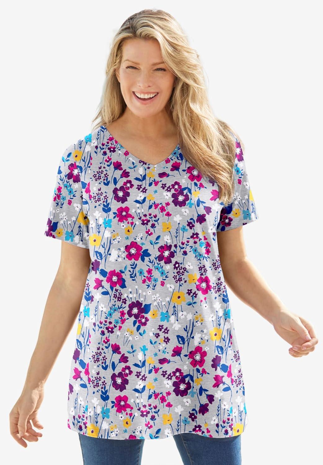 image:imageWoman Within Plus Size Perfect Printed ShortSleeve VNeck TunicBlack Multi Garden