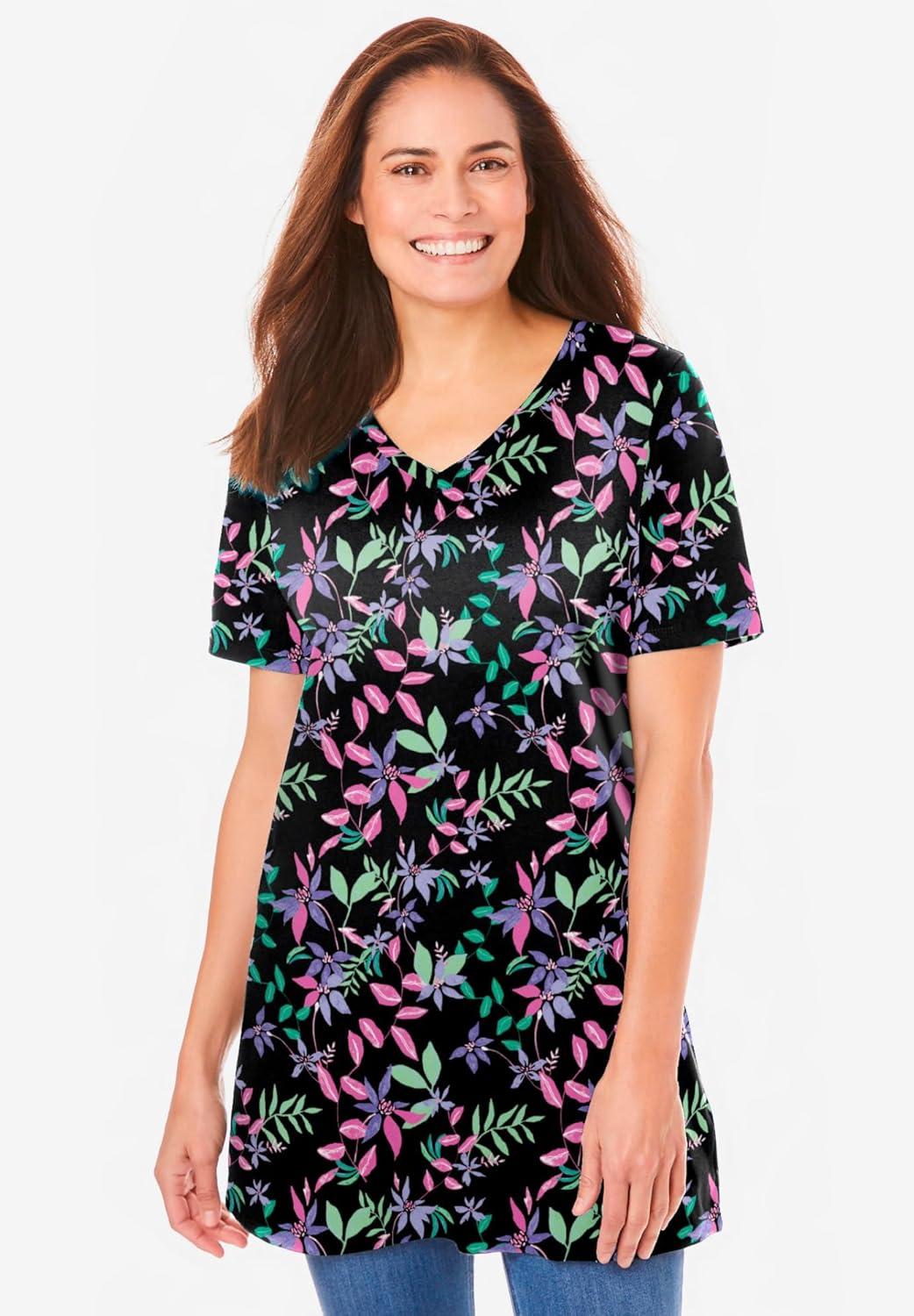 image:imageWoman Within Plus Size Perfect Printed ShortSleeve VNeck TunicBlack Multi Garden