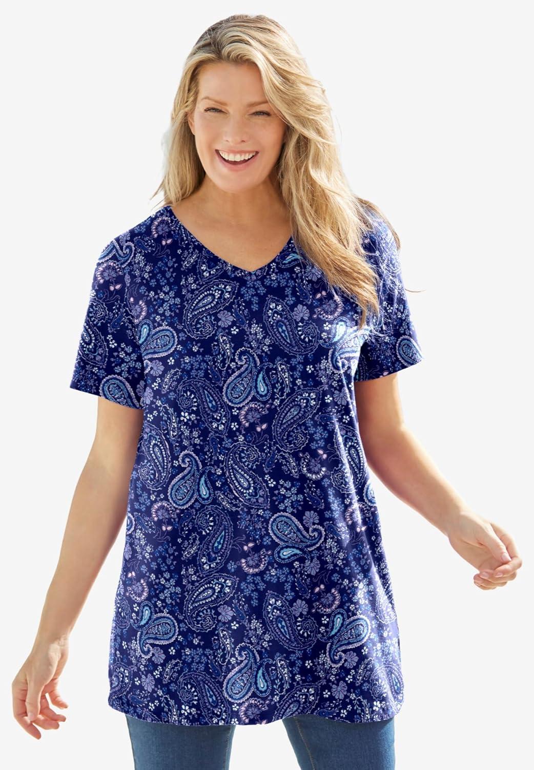 image:imageWoman Within Plus Size Perfect Printed ShortSleeve VNeck TunicBlack Multi Garden
