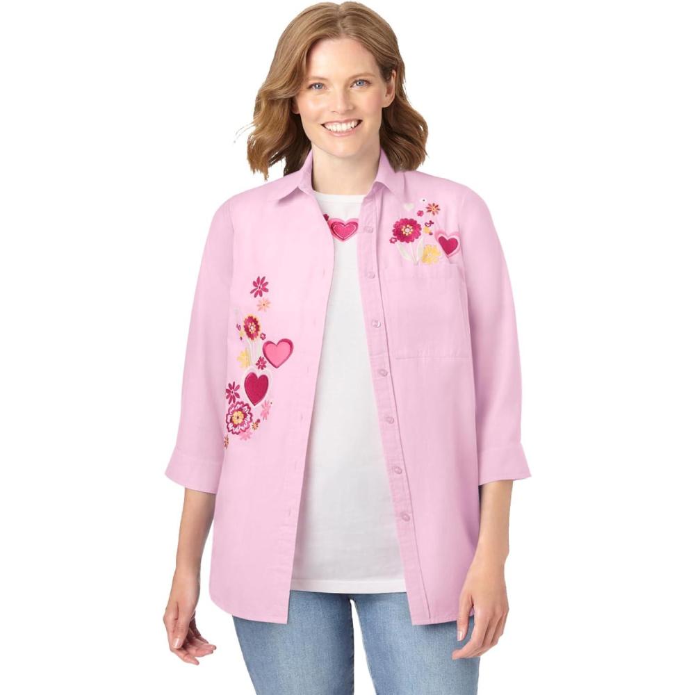 image:imageWoman Within Plus Size 2Piece Embroidered Poplin Tunic And Tee SetPink Heart Floral