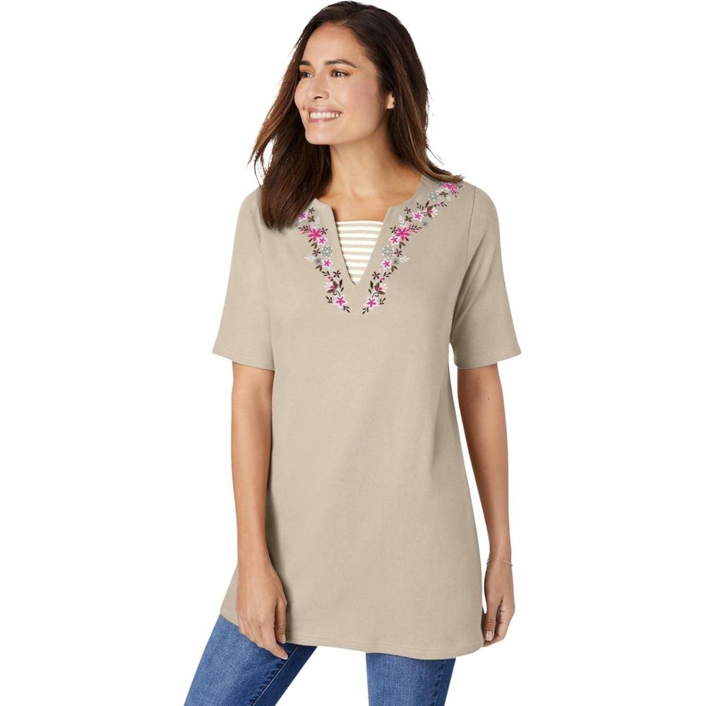 image:imageWoman Within Plus Size 7Day Embroidered LayeredLook TunicNatural Khaki Flower Embroidery