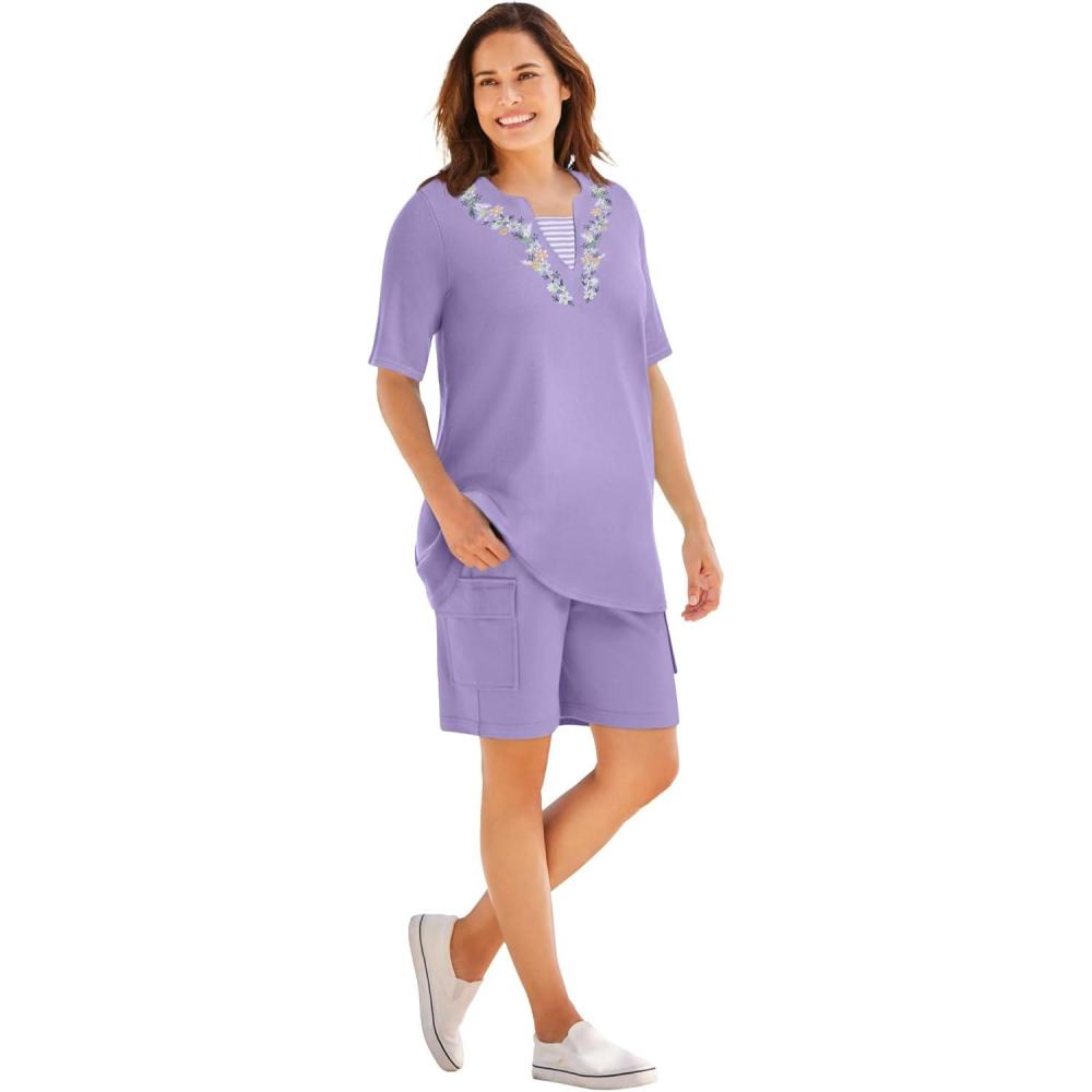 image:imageWoman Within Plus Size 7Day Embroidered LayeredLook TunicSoft Iris Flower Embroidery