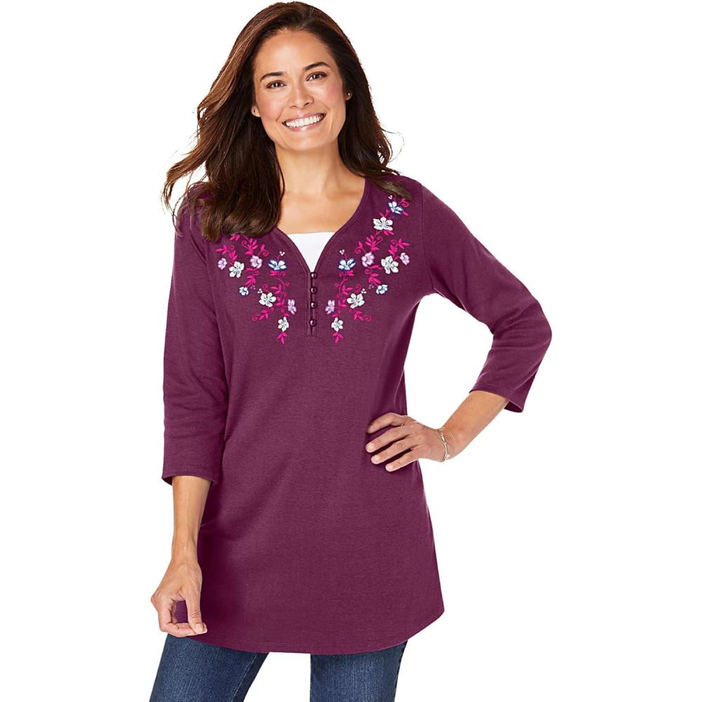 image:imageWoman Within Plus Size 7Day LayeredLook Embroidered Henley TunicDeep Claret Embroidery