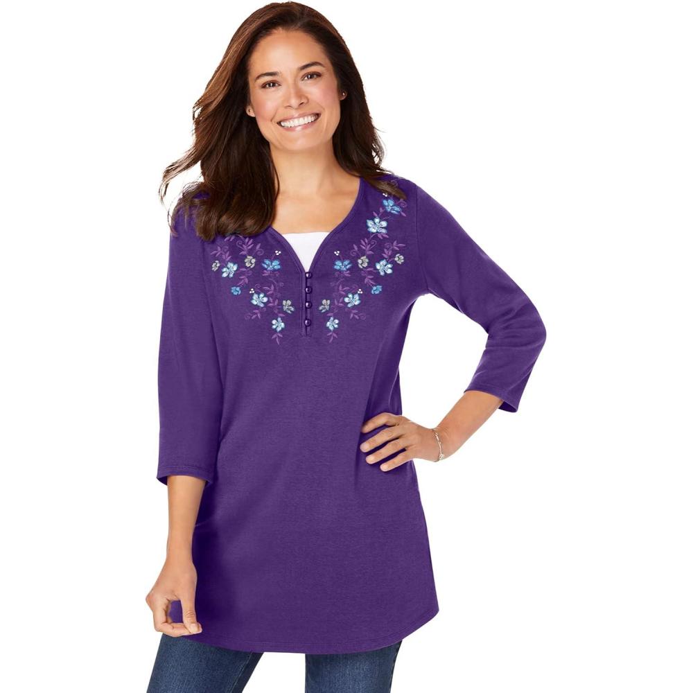 image:imageWoman Within Plus Size 7Day LayeredLook Embroidered Henley TunicRadiant Purple Embroidery