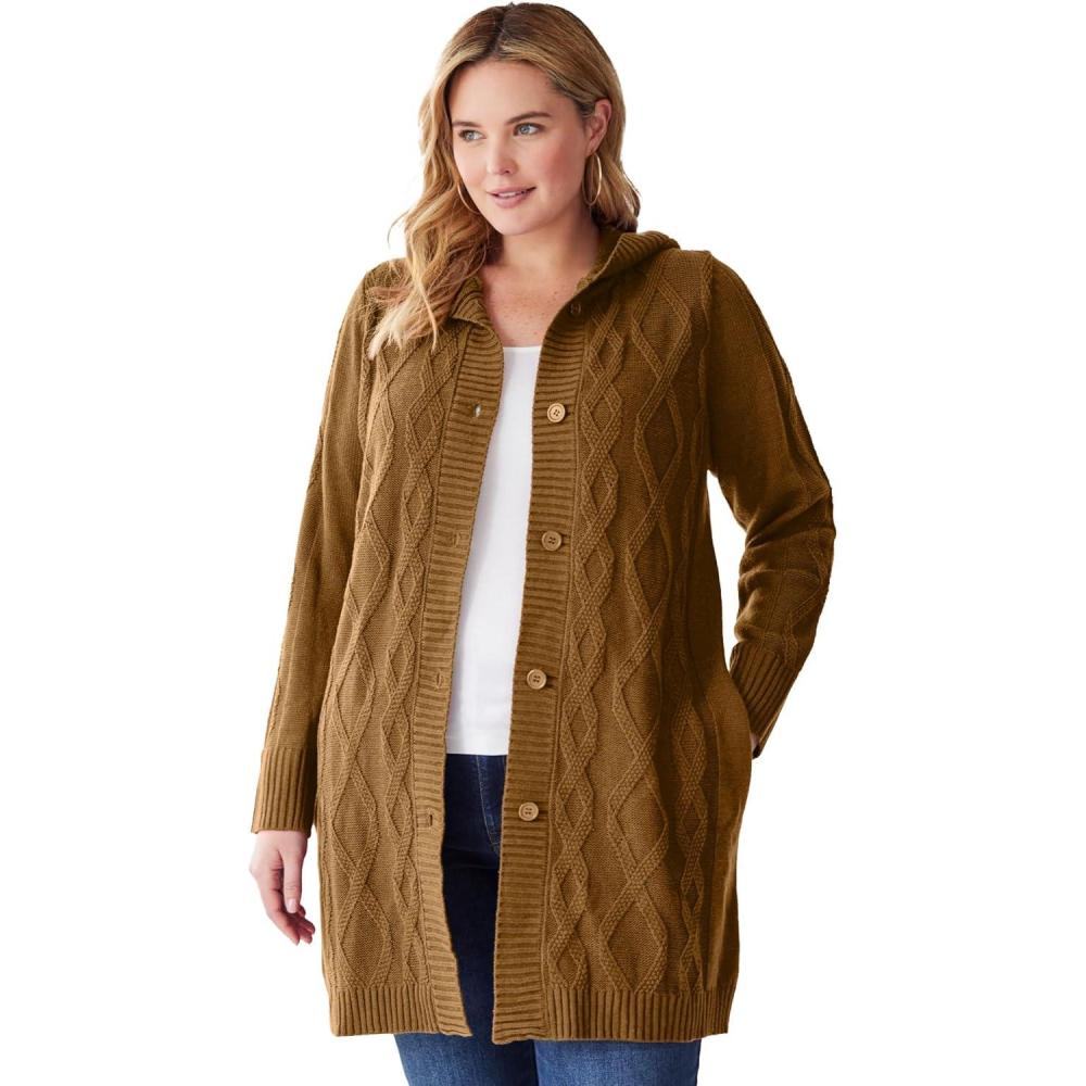 image:imageWoman Within Plus Size Cable Cardigan Hoodie SweaterToffee