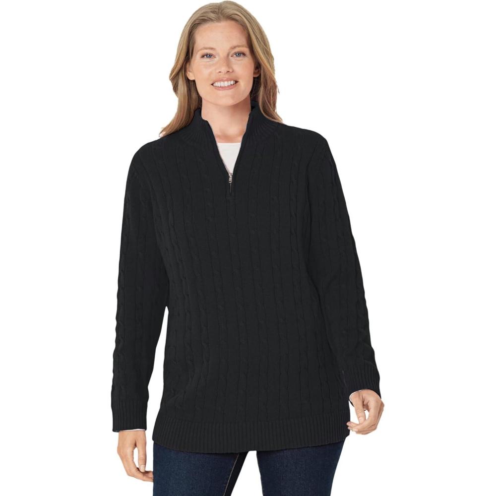 image:imageWoman Within Plus Size Cable Knit HalfZip Pullover SweaterBlack