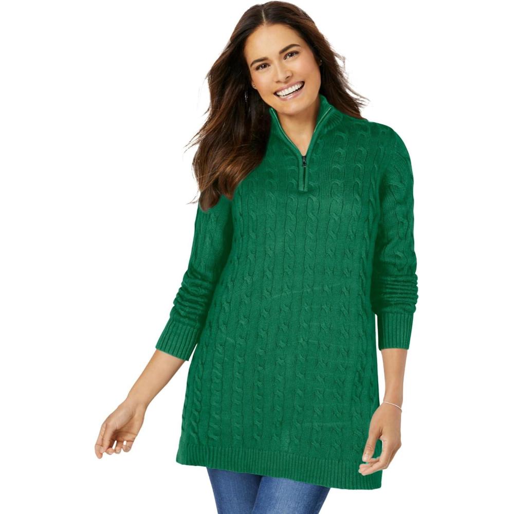 image:imageWoman Within Plus Size Cable Knit HalfZip Pullover SweaterEmerald