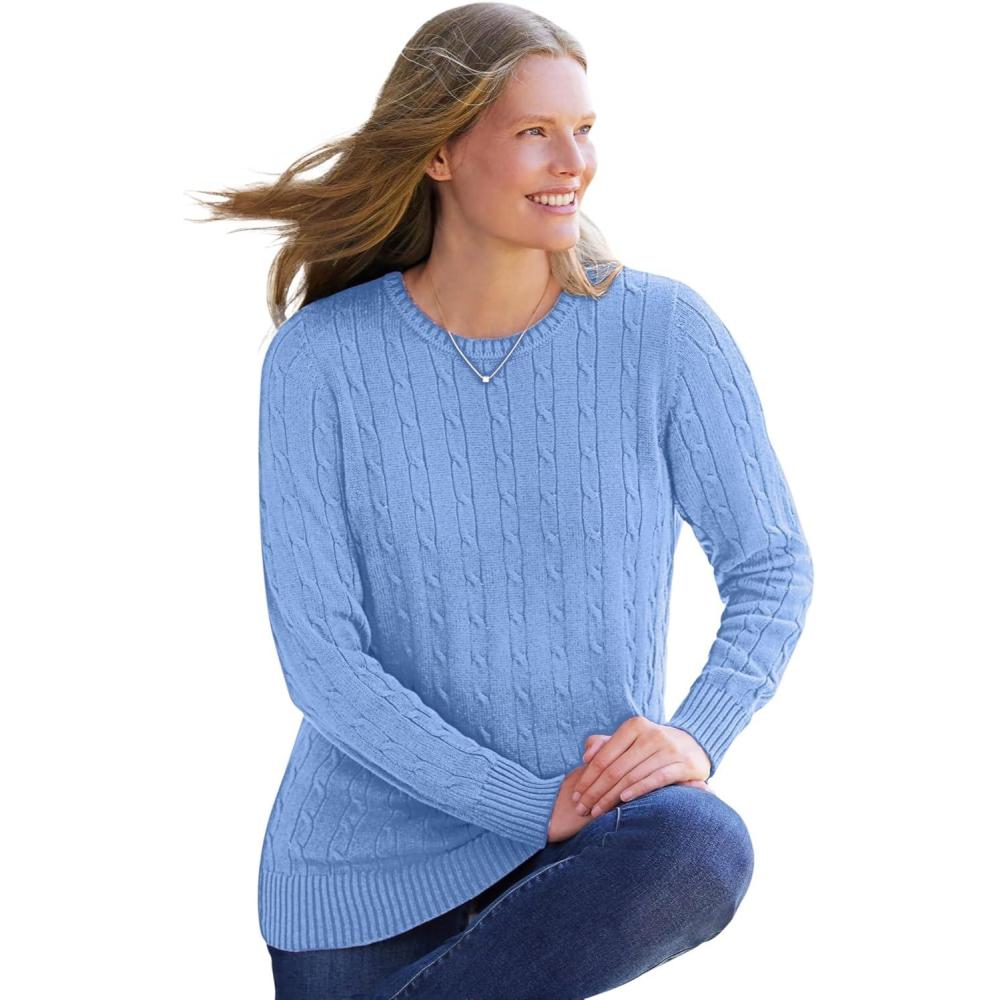 image:imageWoman Within Plus Size Cable Knit Pullover Crewneck SweaterFrench Blue
