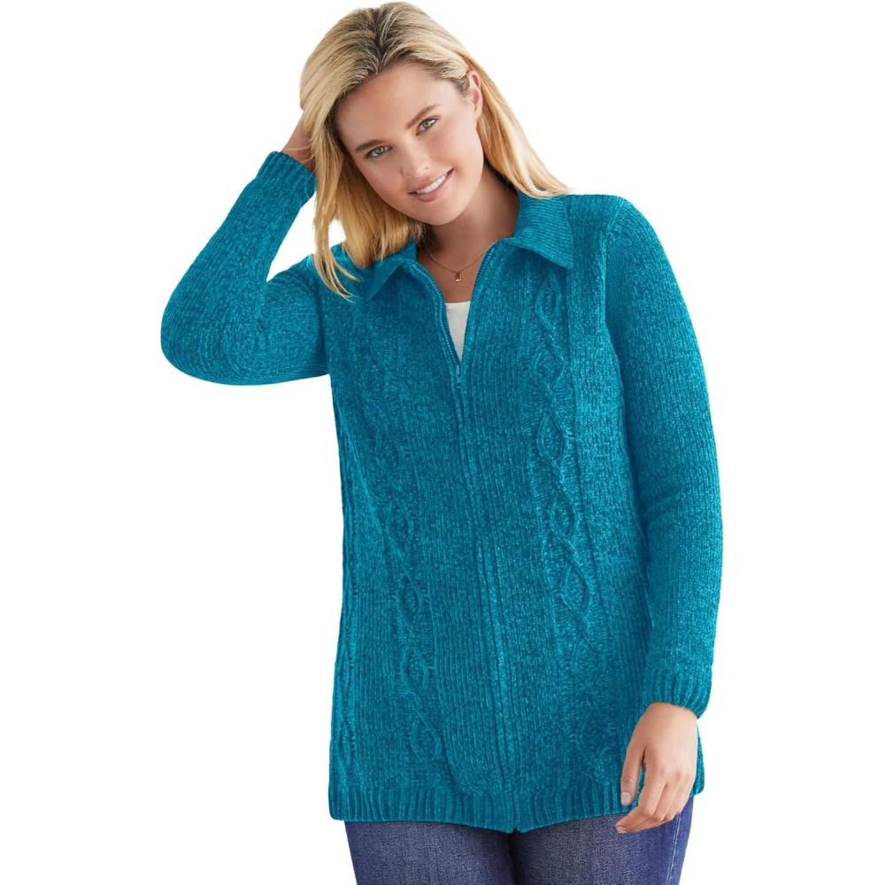 image:imageWoman Within Plus Size Chenille Zip Cable Cardigan SweaterDeep Teal
