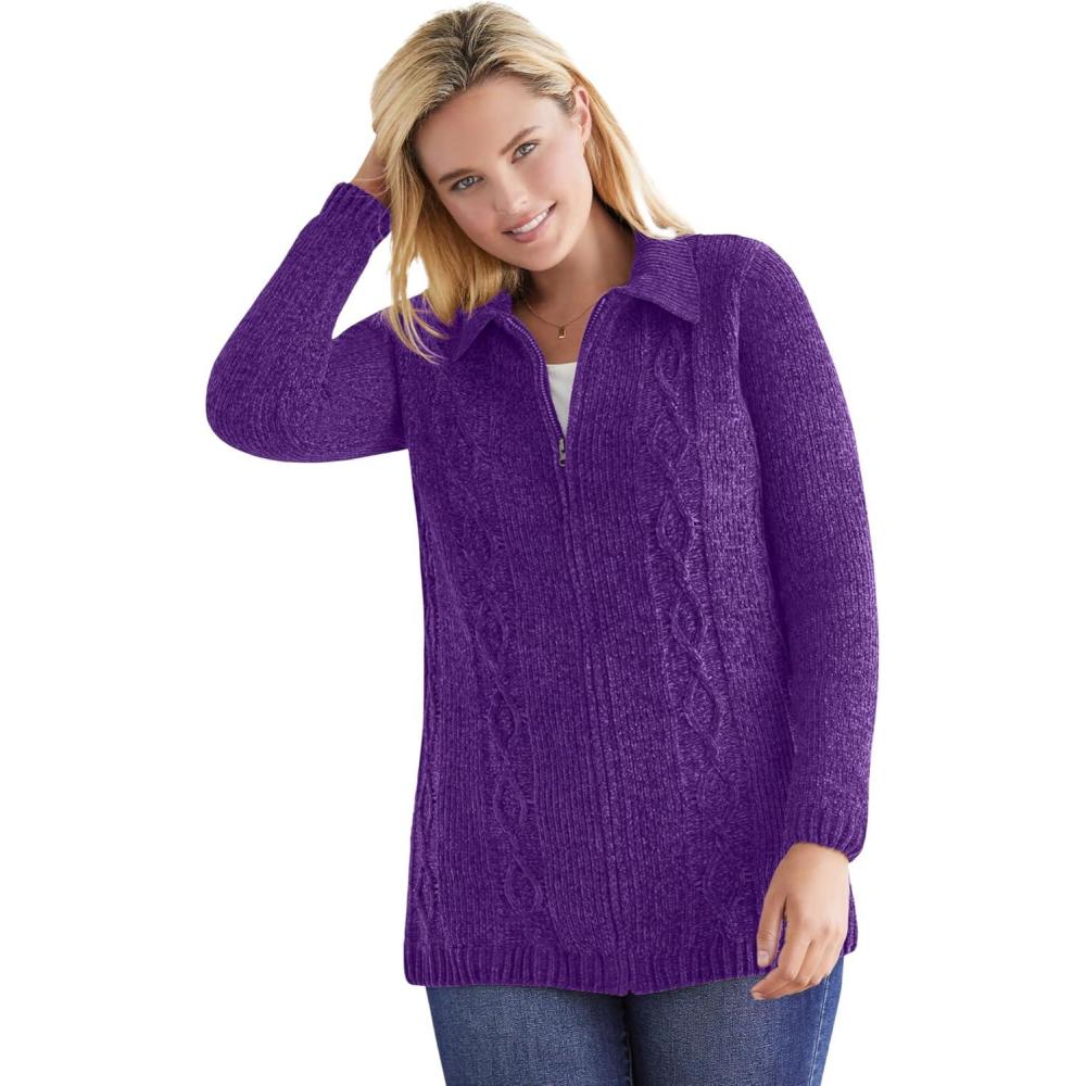 image:imageWoman Within Plus Size Chenille Zip Cable Cardigan SweaterRadiant Purple