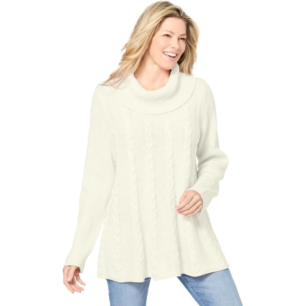 image:imageWoman Within Plus Size Cowl Neck Cable Knit Swing SweaterIvory