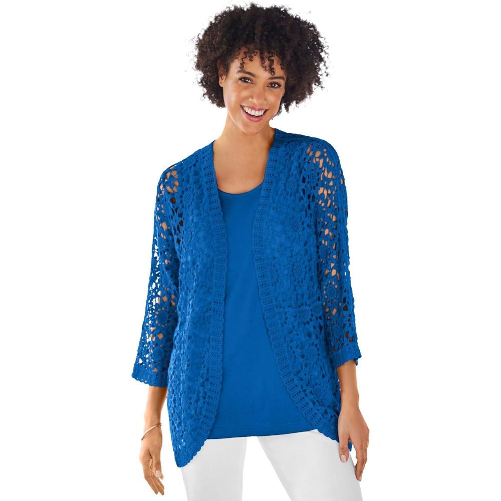image:imageWoman Within Plus Size Curved Hem Pointelle Cardigan SweaterBright Cobalt