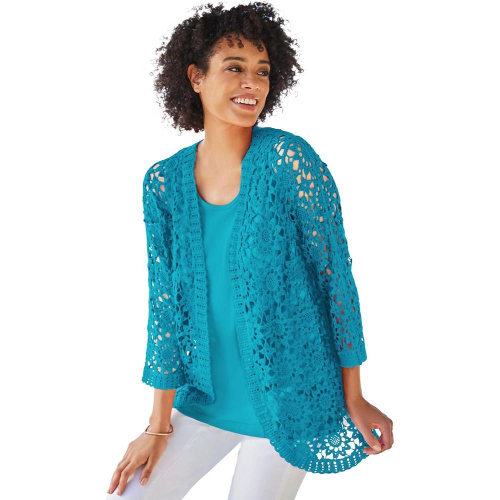 image:imageWoman Within Plus Size Curved Hem Pointelle Cardigan SweaterPretty Turquoise