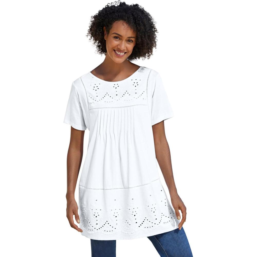image:imageWoman Within Plus Size Embroidered Eyelet Pintucked TunicWhite
