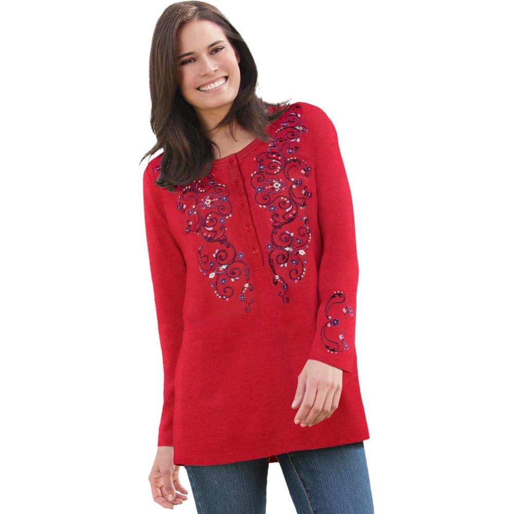 image:imageWoman Within Plus Size Embroidered Henley TeeClassic Red Scroll