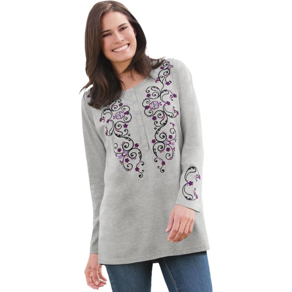 image:imageWoman Within Plus Size Embroidered Henley TeeHeather Grey Scroll