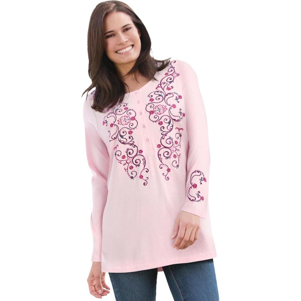 image:imageWoman Within Plus Size Embroidered Henley TeePink Scroll