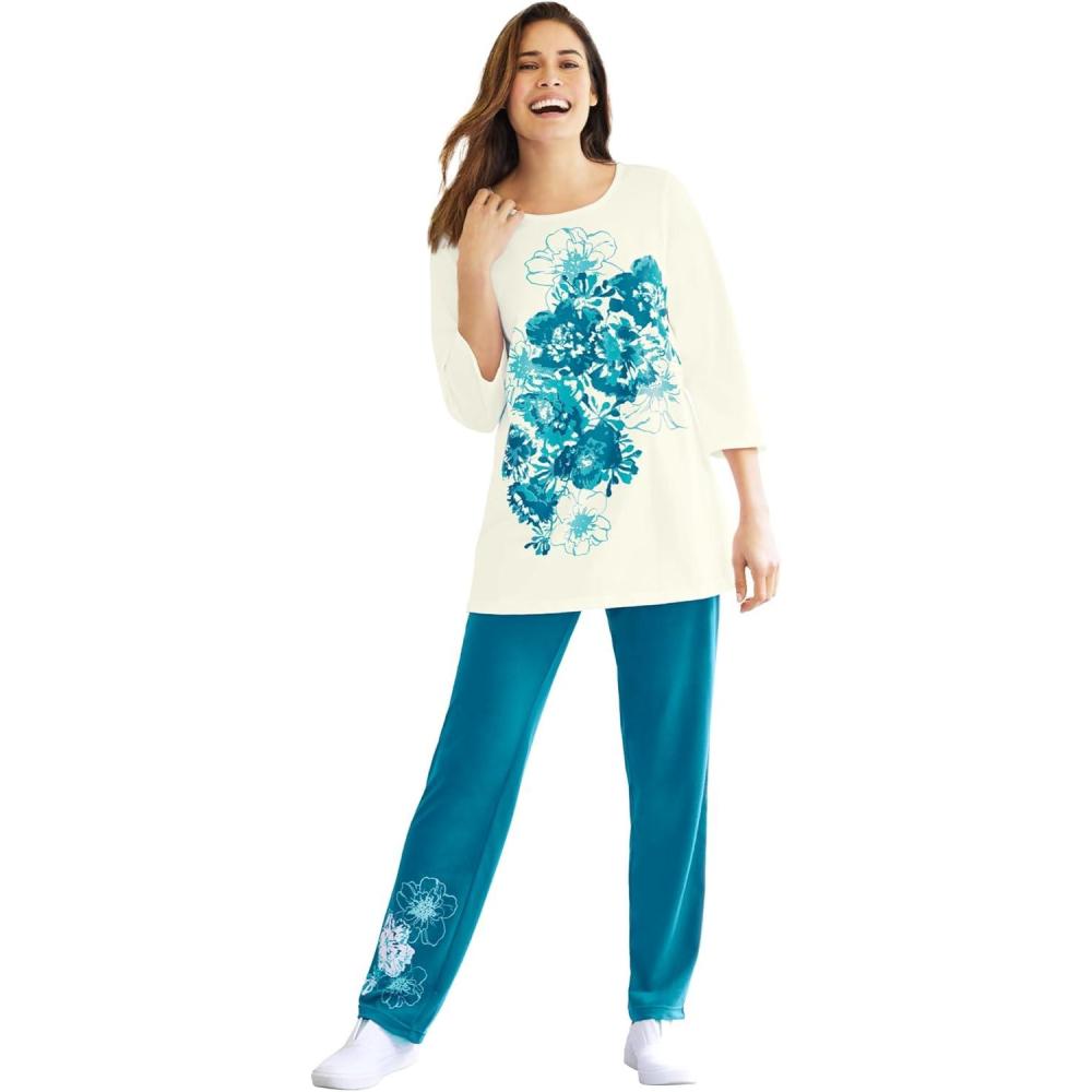 image:imageWoman Within Plus Size Floral Tee And Pant SetDeep Teal Floral Placement