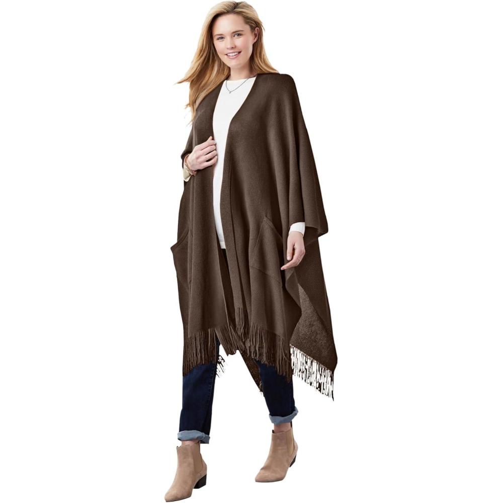 image:imageWoman Within Plus Size Fringed Cape SweaterChocolate