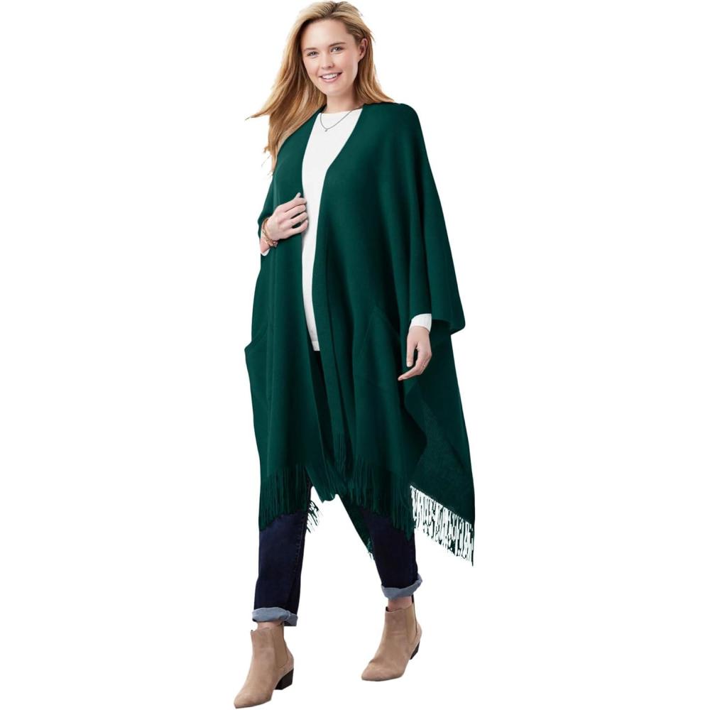 image:imageWoman Within Plus Size Fringed Cape SweaterEmerald Green