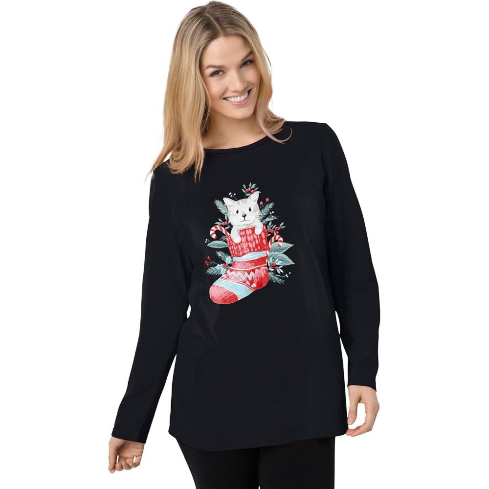 image:imageWoman Within Plus Size Holiday Graphic TeeBlack Cat Stocking