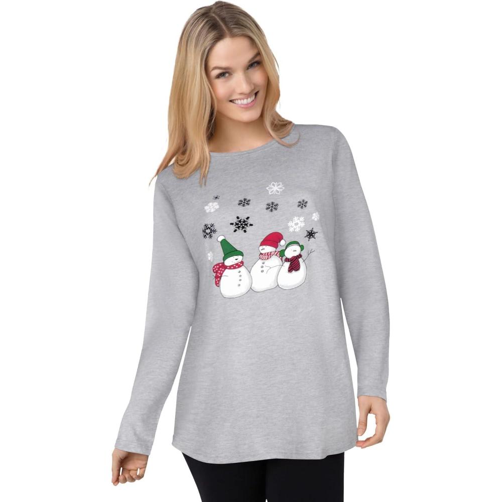 image:imageWoman Within Plus Size Holiday Graphic TeeHeather Grey Snowmen