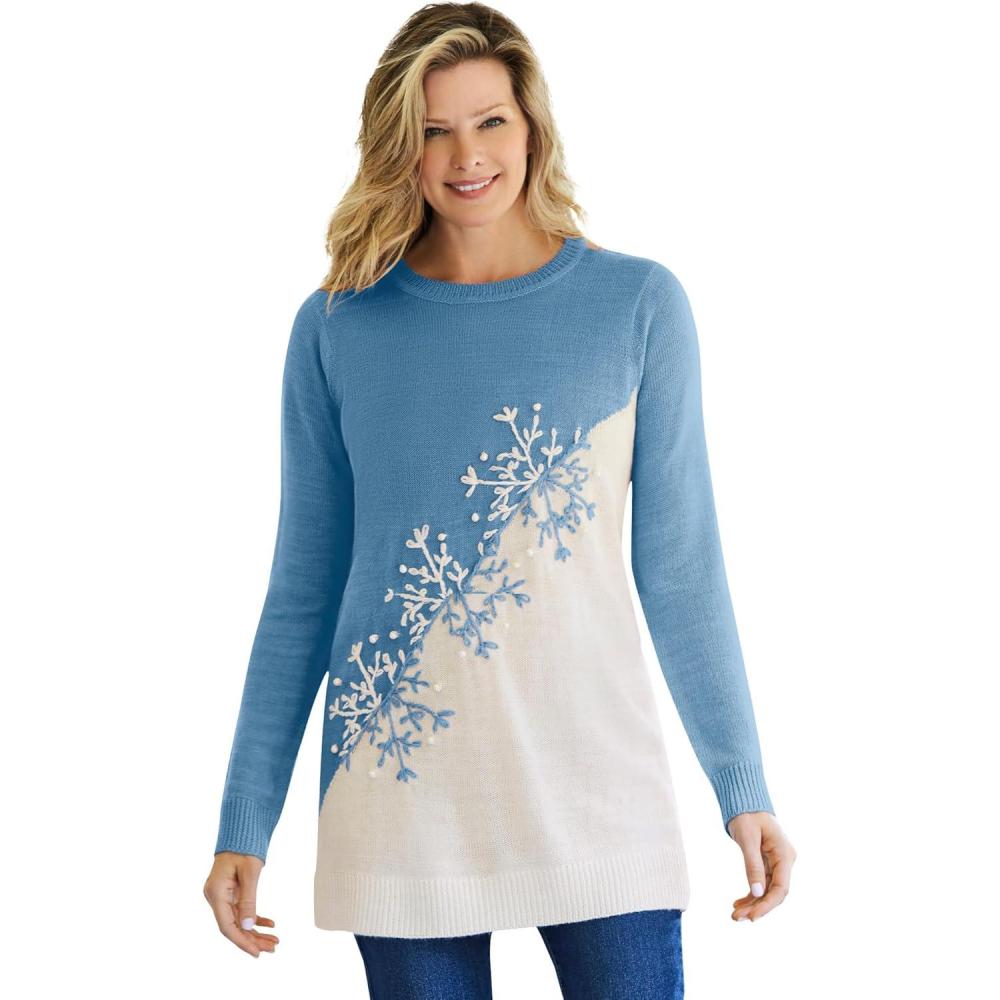 image:imageWoman Within Plus Size Holiday Snowflake Jacquard SweaterAtlantic Blue Snowflake Embroidery