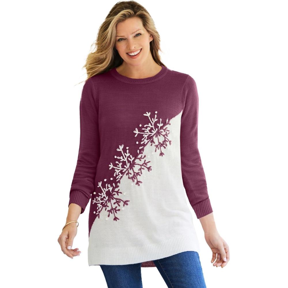 image:imageWoman Within Plus Size Holiday Snowflake Jacquard SweaterDeep Claret Snowflake Embroidery