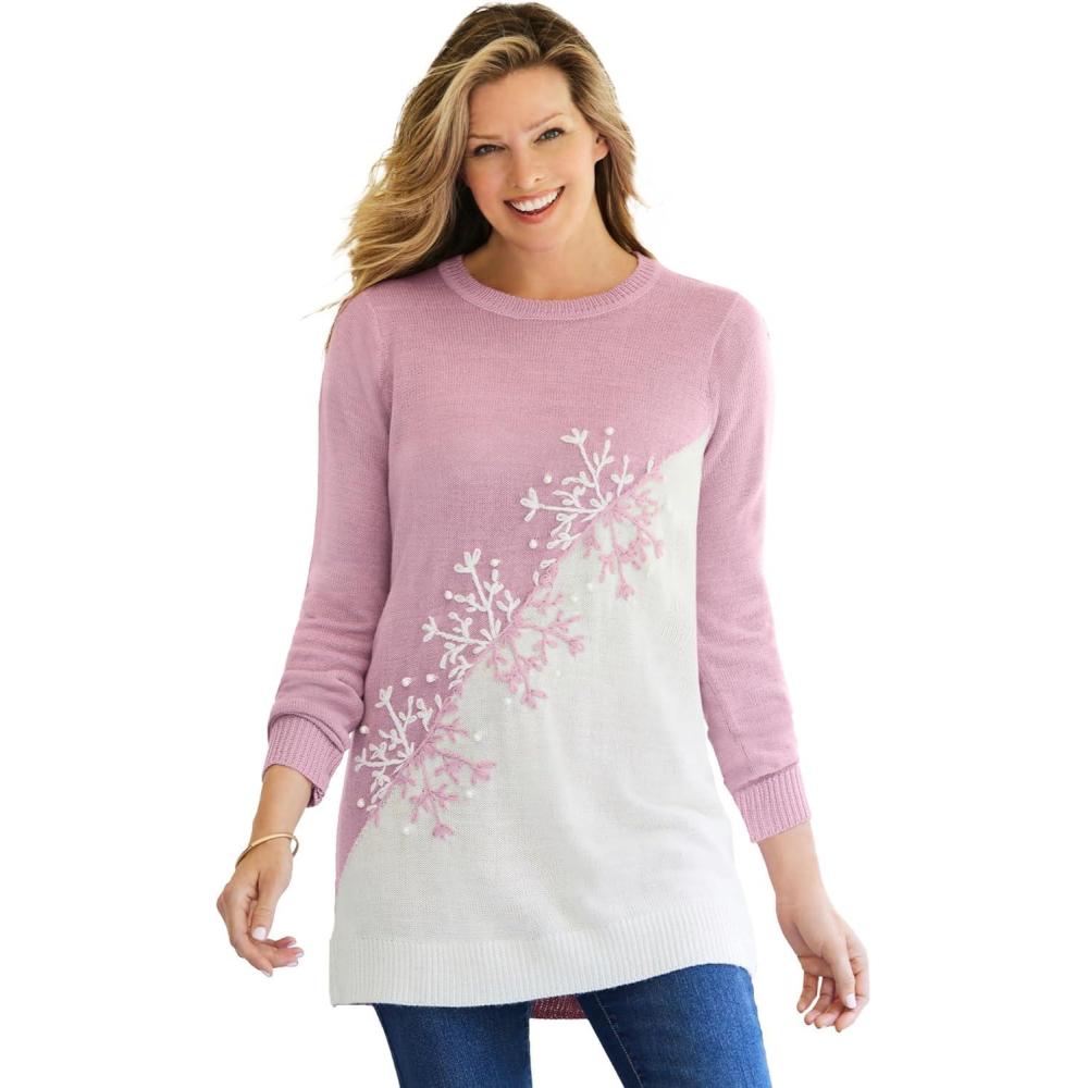 image:imageWoman Within Plus Size Holiday Snowflake Jacquard SweaterDusty Pink Snowflake Embroidery