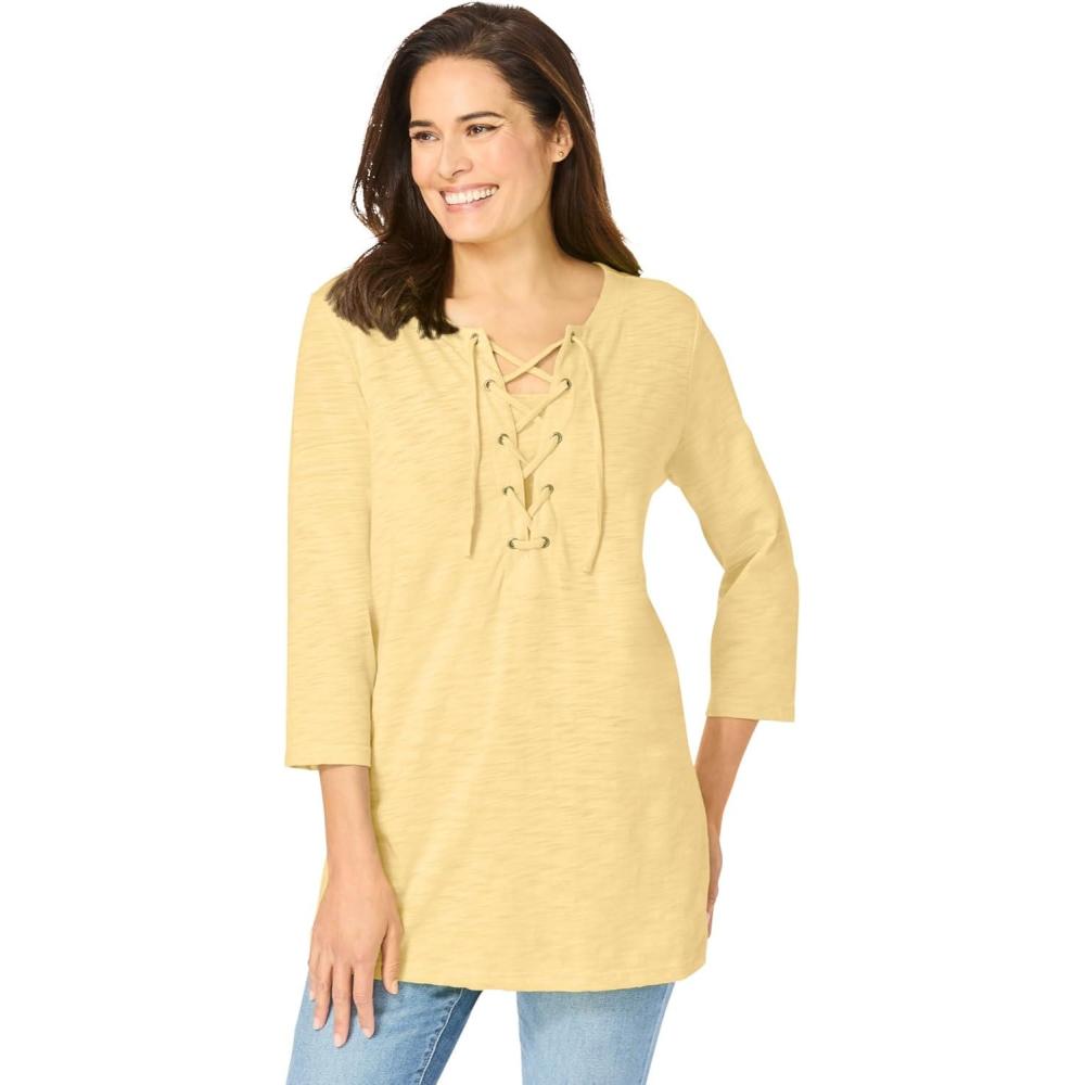 image:imageWoman Within Plus Size LaceUp ThreeQuarter Sleeve TeeBanana