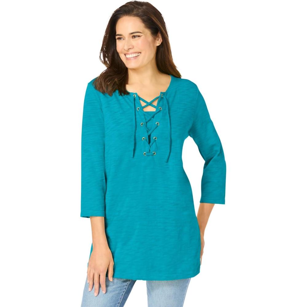 image:imageWoman Within Plus Size LaceUp ThreeQuarter Sleeve TeePretty Turquoise