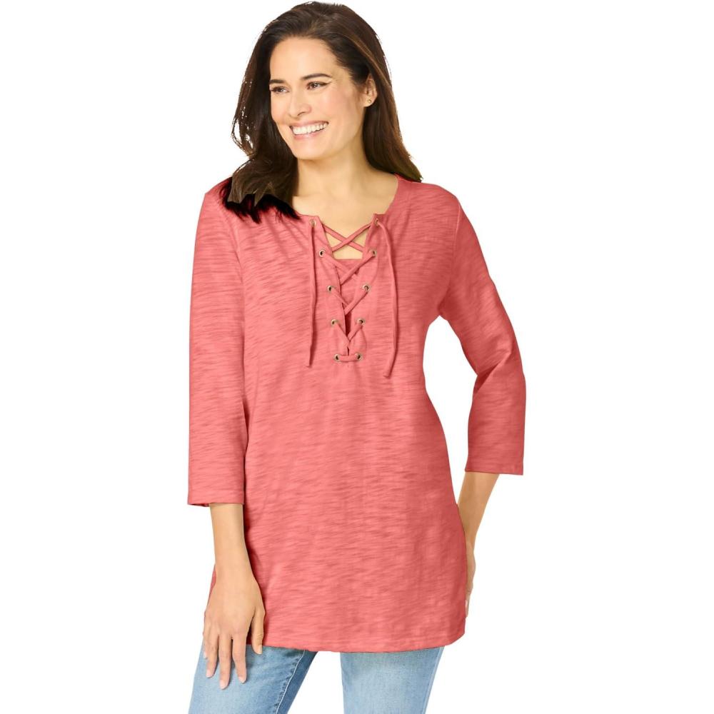 image:imageWoman Within Plus Size LaceUp ThreeQuarter Sleeve TeeSweet Coral