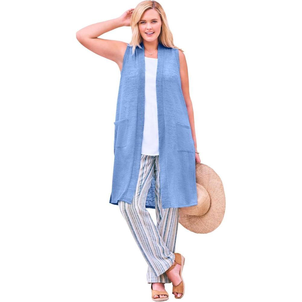 image:imageWoman Within Plus Size Lightweight Linen Vest SweaterFrench Blue