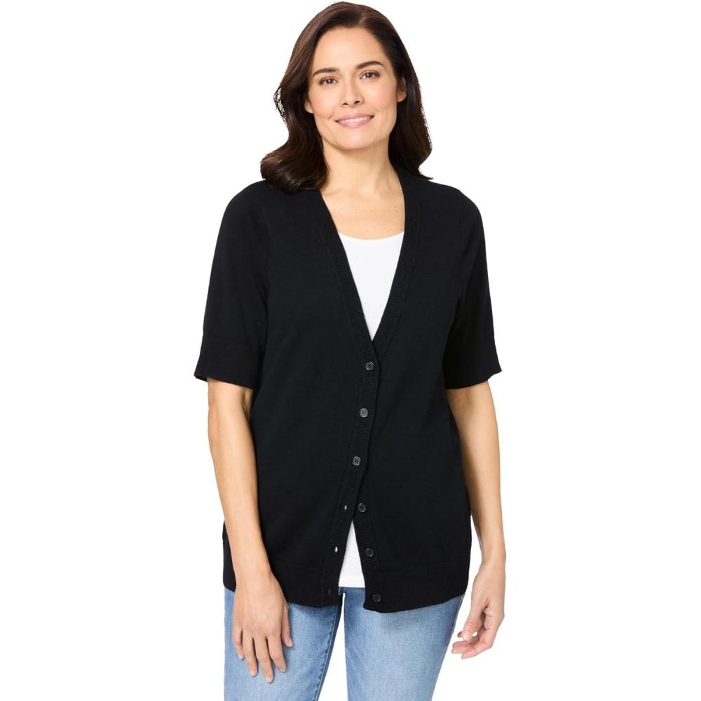 image:imageWoman Within Plus Size Lightweight Short Sleeve VNeck Cardigan SweaterBlack