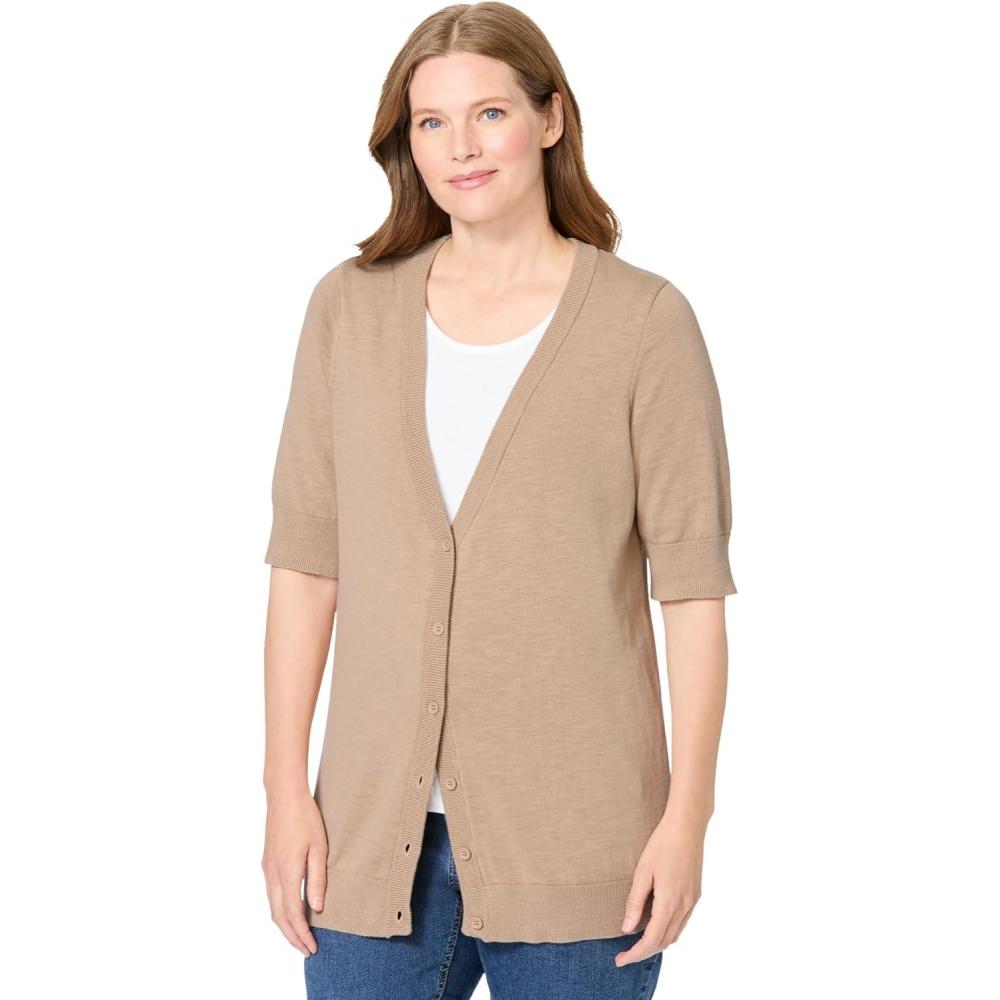 image:imageWoman Within Plus Size Lightweight Short Sleeve VNeck Cardigan SweaterNew Khaki
