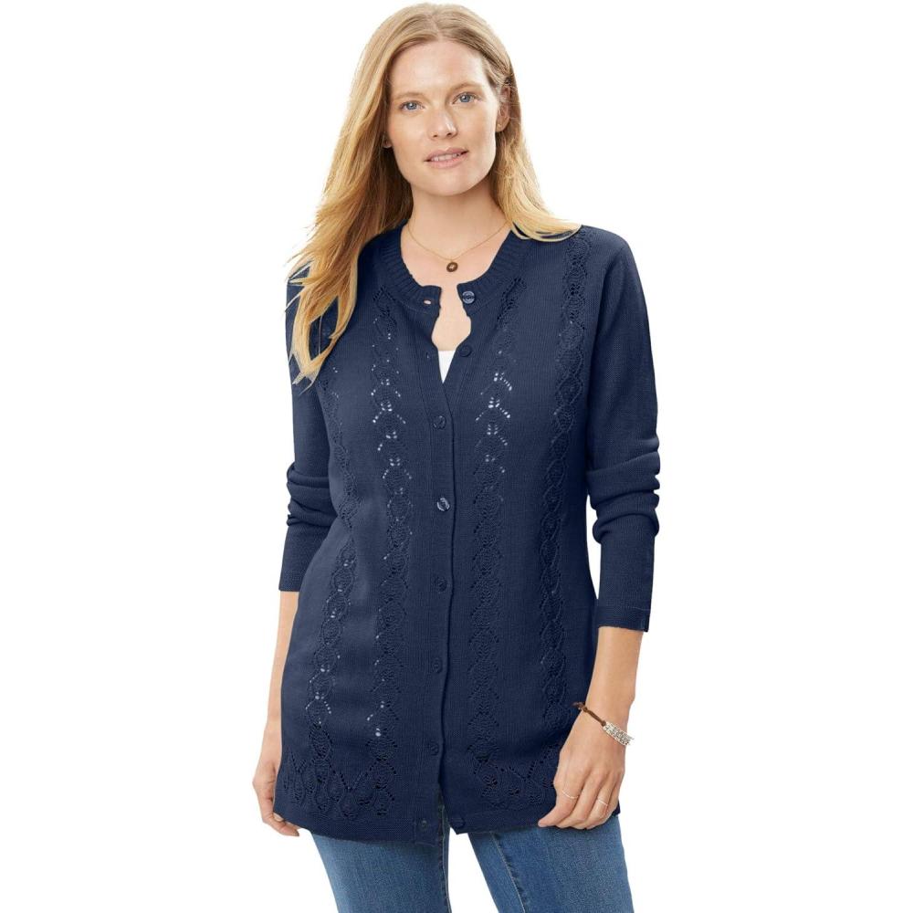 image:imageWoman Within Plus Size LongSleeve Pointelle Cardigan SweaterNavy