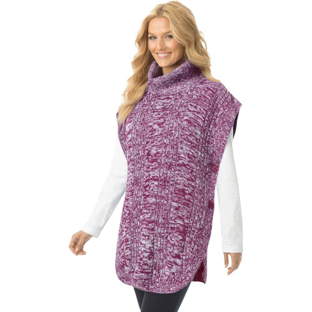 image:imageWoman Within Plus Size Marled Knit Cowl Neck Poncho SweaterDeep Claret White Marled