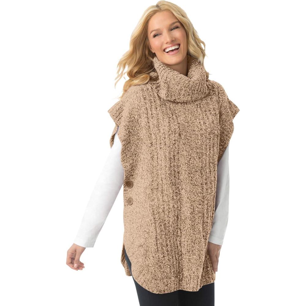 image:imageWoman Within Plus Size Marled Knit Cowl Neck Poncho SweaterNew Khaki Chocolate Marled