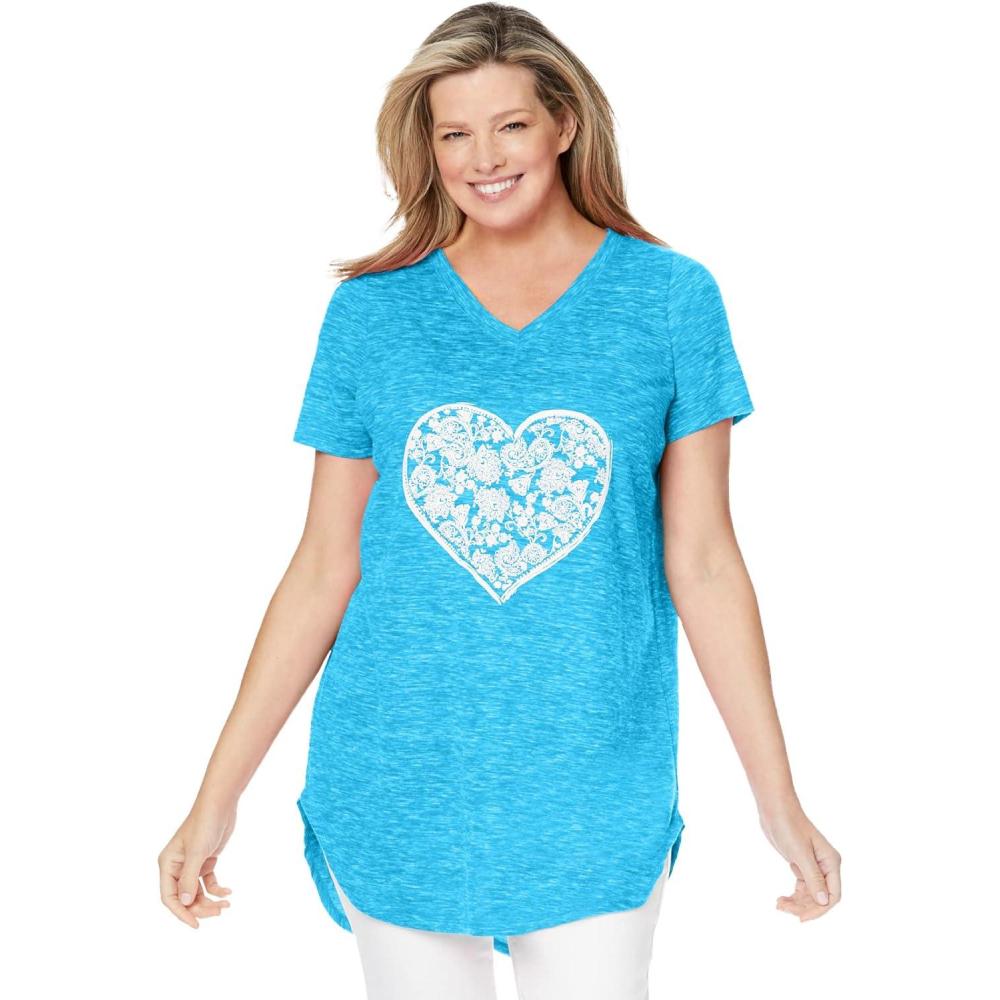 image:imageWoman Within Plus Size Marled VNeck TunicParadise Blue Heart Placement