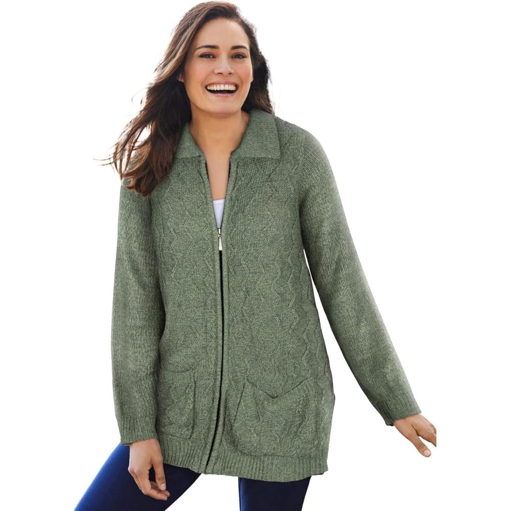 image:imageWoman Within Plus Size Marled ZipFront Cable Knit Cardigan SweaterPine Sage Marled
