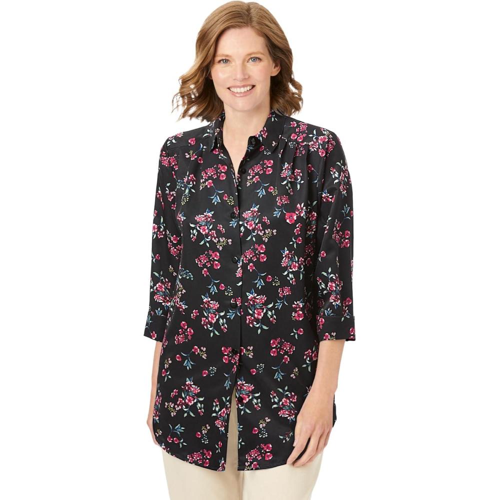 image:imageWoman Within Plus Size No Iron ThreeQuarter Sleeve Peachskin ShirtBlack Floral