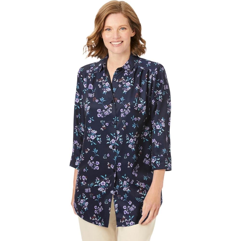 image:imageWoman Within Plus Size No Iron ThreeQuarter Sleeve Peachskin ShirtNavy Floral