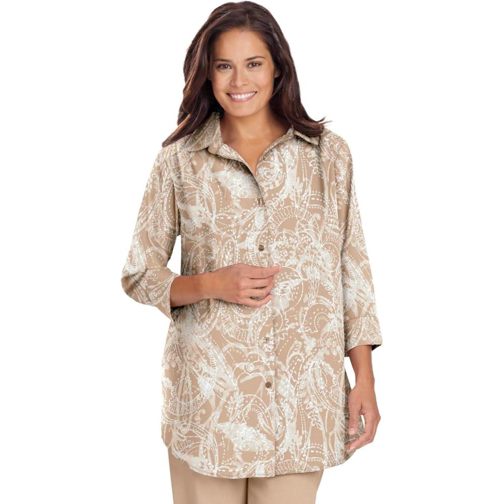 image:imageWoman Within Plus Size No Iron ThreeQuarter Sleeve Peachskin ShirtNew Khaki Paisley