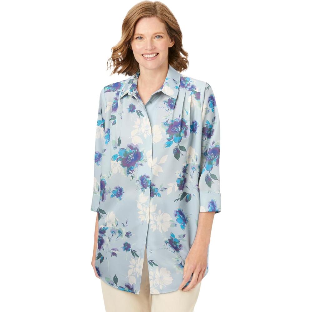 image:imageWoman Within Plus Size No Iron ThreeQuarter Sleeve Peachskin ShirtPearl Grey Romantic Floral