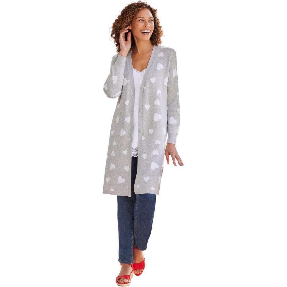 image:imageWoman Within Plus Size Perfect Cotton Duster SweaterHeather Grey Scattered Hearts